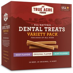 True Acre Foods All-Natural Dental Chew Sticks Variety Pack, Original, Beef, & Mint Flavor Dog Dental Treats, 51 count