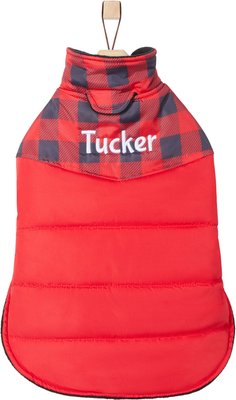 Frisco Boulder Plaid Insulated Personalized Dog & Cat Puffer Coat, Red, slide 1 of 1