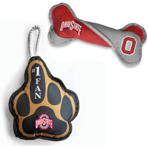 Littlearth NCAA Licensed Super Fan Plush & Squeaky Tug Bone Dog Toys, Ohio State Buckeyes