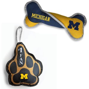 Littlearth NCAA Licensed Super Fan Plush & Squeaky Tug Bone Dog Toys, Michigan Wolverines