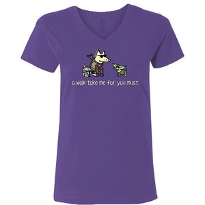 Teddy the Dog A Walk Take Me For You Must Ladies V-Neck T-Shirt, Purple, Medium