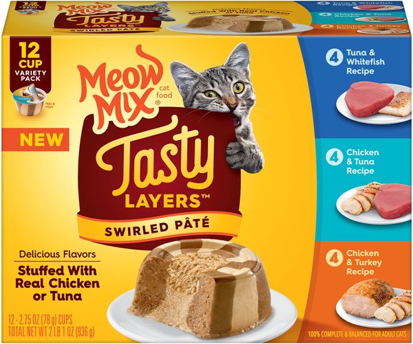 Meow Mix Tasty Layers Variety Pack Swirled Paté Cat Food, 2.75-oz can, case of 12 slide 1 of 7