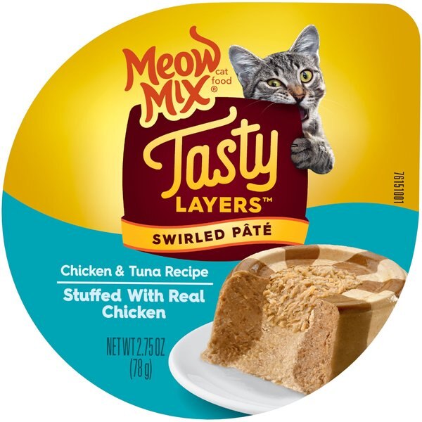 Meow Mix Tasty Layers Chicken & Tuna Recipe Stuffed with Real Chicken Swirled Paté Cat Food, 2.75-oz can, case of 12 slide 1 of 7