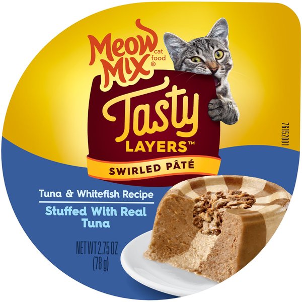 Meow Mix Tasty Layers Tuna & Whitefish Recipe Stuffed with Real Tuna Swirled Paté Cat Food, 2.75-oz can, case of 12 slide 1 of 7