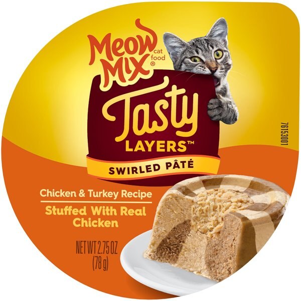 Meow Mix Tasty Layers Chicken & Turkey Recipe Stuffed with Real Chicken Swirled Paté Cat Food, 2.75-oz can, case of 12 slide 1 of 7