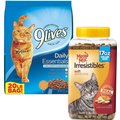 9 Lives Daily Essentials with Chicken, Beef & Salmon Flavor Dry Food + Meow Mix Irresistibles Soft White Meat Chicken Cat Treats