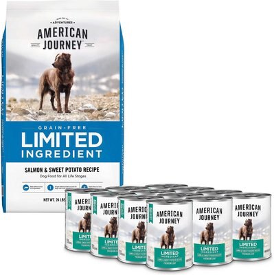 American Journey Limited Ingredient Salmon & Sweet Potato Recipe Grain-Free Dry Food + Limited Ingredient Diet Lamb & Sweet Potato Recipe Grain-Free Canned Dog Food, slide 1 of 1