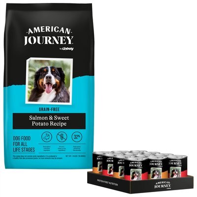 American Journey Salmon & Sweet Potato Recipe Grain-Free Dry Food, 24-lb bag + Stews Poultry & Beef Grain-Free Canned Dog Food, slide 1 of 1