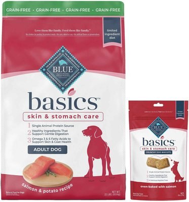 Blue Buffalo Basics Skin & Stomach Care Grain-Free Formula Salmon & Potato Recipe Adult Dry Food + Biscuits Salmon & Potato Dog Treats, slide 1 of 1