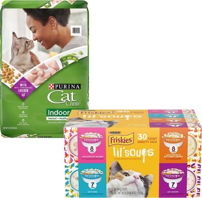 Cat Chow Indoor Hairball & Healthy Weight Dry Food + Friskies Lil' Soups Broths Lickable Cat Treats, slide 1 of 1