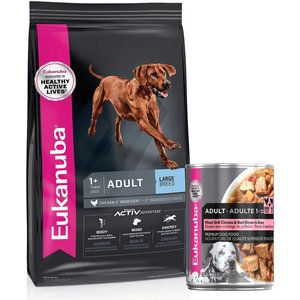 Eukanuba Large Breed Adult Dry Food + Adult Mixed Grill Chicken & Beef Dinner in Gravy Formula Canned Dog Food