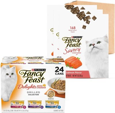 Fancy Feast Delights with Cheddar Grilled Canned Food + Savory Cravings Limited Ingredient Salmon Flavor Cat Treats, slide 1 of 1