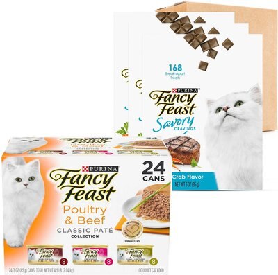 Fancy Feast Poultry & Beef Classic Pate Canned Food + Savory Cravings Limited Ingredient Beef & Crab Flavor Cat Treats, slide 1 of 1