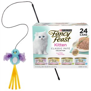 Fancy Feast Tender Feast Canned Food + Frisco Bird Teaser with Feathers Cat Toy, Blue