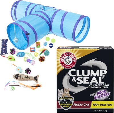 Frisco Plush, Teaser, Ball & Tri-Tunnel Toy with Catnip + Arm & Hammer Litter Clump & Seal Multi-Cat Scented Clumping Clay Cat Litter, slide 1 of 1