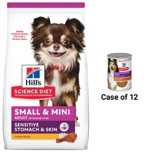 Hill's Science Diet Adult Sensitive Stomach & Skin Small & Mini Breed Chicken Recipe Dry Food, 4-lb bag + Tender Turkey & Rice Stew Canned Dog Food