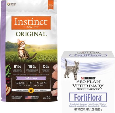 Instinct Original Kitten Grain-Free Recipe with Real Chicken Freeze-Dried Raw Coated Dry Food + Purina Pro Plan Veterinary Diets FortiFlora Probiotic Gastrointestinal Support Cat Supplement, slide 1 of 1