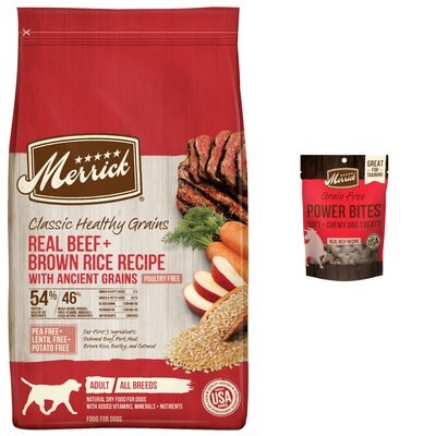 Merrick Classic Healthy Grains Real Beef + Brown Rice Recipe with Ancient Grains Adult Dry Food + Power Bites Real Texas Beef Recipe Grain-Free Soft & Chewy Dog Treats, slide 1 of 1