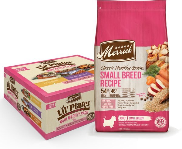 Merrick Classic Healthy Grains Small Breed Recipe Adult Dry Food + Lil'Plates Mini Medley Wet Dog Food slide 1 of 6