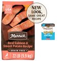 Merrick Grain-Free Real Salmon & Sweet Potato Recipe Dry Food + Fresh Kisses Double-Brush Mint Breath Strip Infused Medium Dental Dog Treats