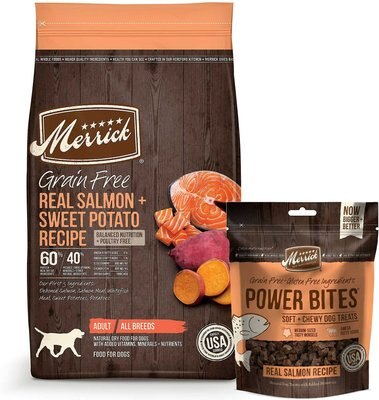 Merrick Grain-Free Real Salmon & Sweet Potato Recipe Dry Food + Power Bites Real Salmon Recipe Grain-Free Soft & Chewy Dog Treats, slide 1 of 1