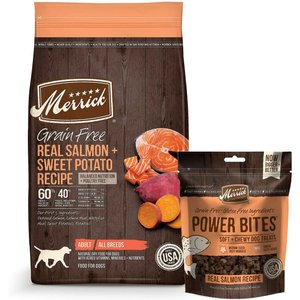 Merrick Grain-Free Real Salmon & Sweet Potato Recipe Dry Food + Power Bites Real Salmon Recipe Grain-Free Soft & Chewy Dog Treats
