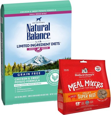 Natural Balance L.I.D. Limited Ingredient Diets Small Breed Bites Grain-Free Chicken & Sweet Potato Formula Dry Food + Stella & Chewy's Stella's Super Beef Meal Mixers Freeze-Dried Raw Dog Food Topper, slide 1 of 1