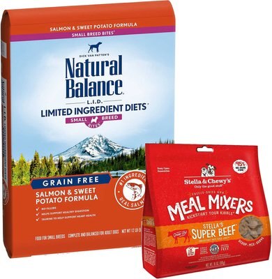 Natural Balance L.I.D. Limited Ingredient Diets Small Breed Bites Grain-Free Salmon & Sweet Potato Formula Dry Food + Stella & Chewy's Stella's Super Beef Meal Mixers Freeze-Dried Raw Dog Food Topper, slide 1 of 1