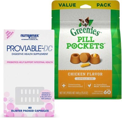 Nutramax Proviable-DC Capsules Supplement + Greenies Pill Pockets Canine Chicken Flavor Dog Treats, slide 1 of 1