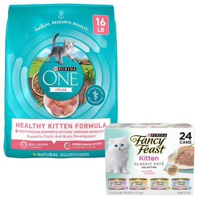Purina ONE Healthy Kitten Formula Dry Food + Fancy Feast Tender Feast Canned Kitten Food, slide 1 of 1