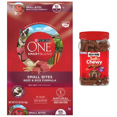 Purina ONE SmartBlend Small Bites Beef and Rice Dry Food + Milk-Bone Soft & Chewy Beef & Filet Mignon Recipe Dog Treats, slide 1 of 1