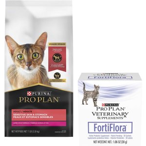 Purina Pro Plan Adult Sensitive Skin & Stomach Lamb & Rice Formula Dry Food + Purina Pro Plan Veterinary Diets FortiFlora Probiotic Gastrointestinal Support Cat Supplement