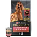 Purina Pro Plan Adult Sensitive Skin & Stomach Salmon & Rice Formula Dry, 16-lb bag + Canned Dog Food