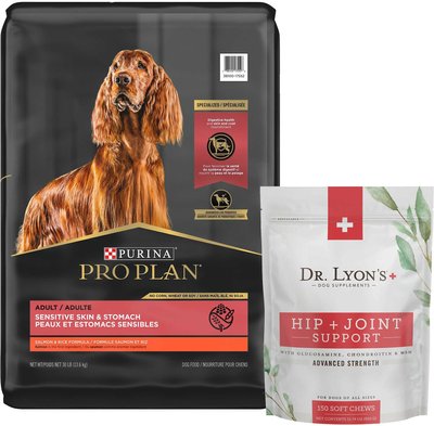 Purina Pro Plan Adult Sensitive Skin & Stomach Salmon & Rice Formula Dry Food + Dr. Lyon's Advanced Strength Hip & Joint Health Soft Chews Dog Supplement, slide 1 of 1