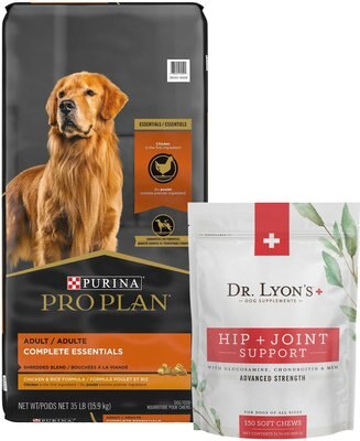 Purina Pro Plan Adult Shredded Blend Chicken & Rice Formula Dry Food + Dr. Lyon's Advanced Strength Hip & Joint Health Soft Chews Dog Supplement, slide 1 of 1