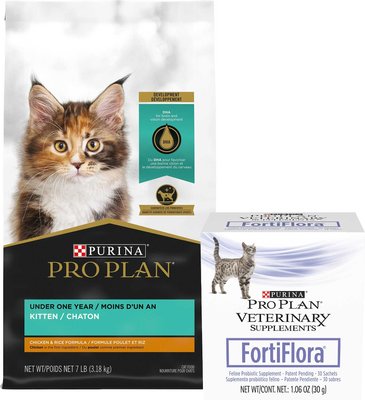 Purina Pro Plan Kitten Chicken & Rice Formula Dry Food + Purina Pro Plan Veterinary Diets FortiFlora Probiotic Gastrointestinal Support Cat Supplement, slide 1 of 1