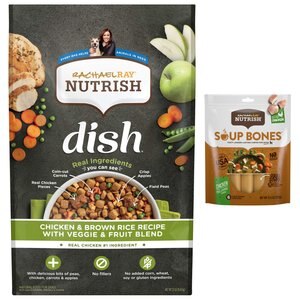 Rachael Ray Nutrish Dish Natural Chicken & Brown Rice Recipe with Veggies & Fruit Dry Food + Soup Bones Chicken & Veggies Flavor Dog Treats