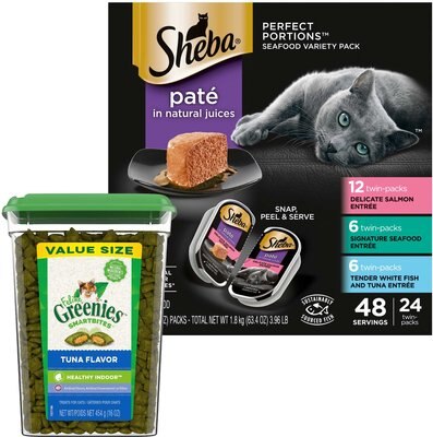 Sheba Perfect Portions Seafood Pate Grain-Free Food Trays + Greenies Feline Greenies Smartbites Healthy Indoor Tuna Flavored Cat Treats, slide 1 of 1