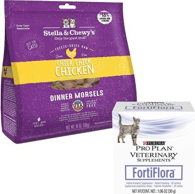 Stella & Chewy's Chick Chick Chicken Dinner Morsels Freeze-Dried Raw Food + Purina Pro Plan Veterinary Diets FortiFlora Probiotic Gastrointestinal Support Cat Supplement, slide 1 of 1