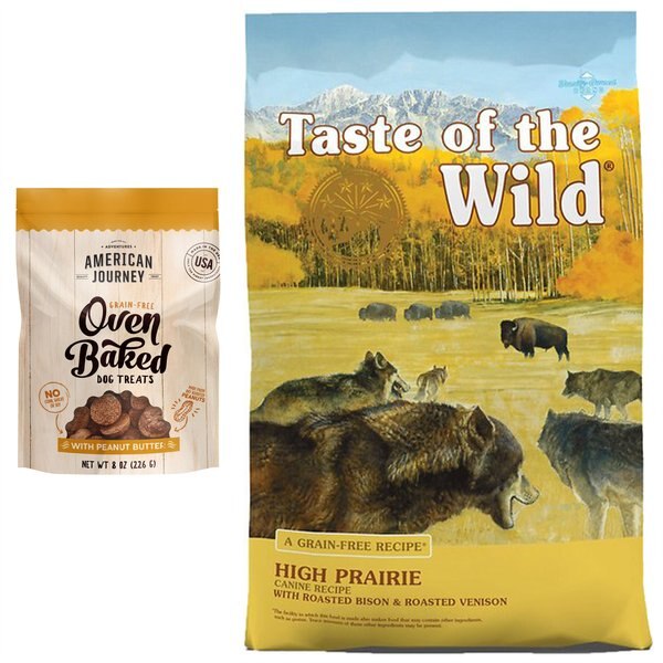 Taste of the Wild High Prairie Grain-Free Dry Food + American Journey Peanut Butter Recipe Grain-Free Oven Baked Crunchy Biscuit Dog Treats slide 1 of 7