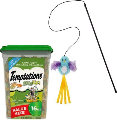 Temptations Mixups Catnip Fever Treats + Frisco Bird Teaser with Feathers Cat Toy, Blue, slide 1 of 1