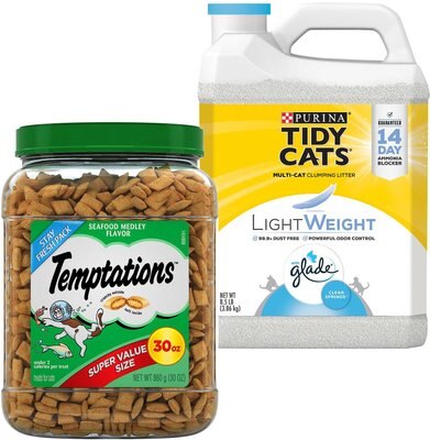 Temptations Seafood Medley Flavor Treats + Tidy Cats Lightweight Glade Scented Clumping Clay Cat Litter, slide 1 of 1