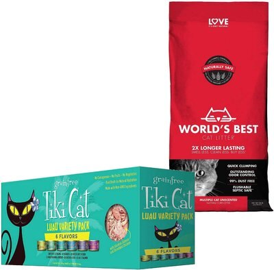 Tiki Cat Queen Emma Luau Grain-Free Canned Food + World's Best Multi-Cat Unscented Clumping Corn Cat Litter, slide 1 of 1