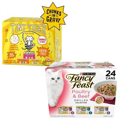 Tiny Tiger Chunks in Gravy Beef & Poultry Recipes Grain-Free Canned Food + Fancy Feast Grilled Poultry & Beef Feast Canned Cat Food, slide 1 of 1