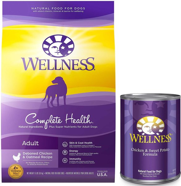 Wellness Complete Health Adult Deboned Chicken & Oatmeal Recipe Dry Food + Chicken & Sweet Potato Formula Canned Dog Food slide 1 of 8