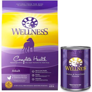 Wellness Complete Health Adult Deboned Chicken & Oatmeal Recipe Dry Food + Chicken & Sweet Potato Formula Canned Dog Food