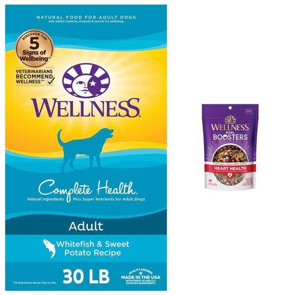Wellness Complete Health Adult Whitefish & Sweet Potato Recipe Dry Food + CORE Bowl Boosters Heart Health Dry Dog Food Topper slide 1 of 9