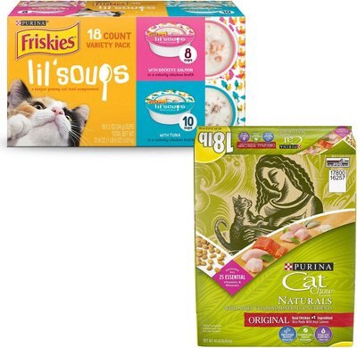 Cat Chow Naturals Original Dry Food + Friskies Lil' Soups with Sockeye Salmon & Tuna Lickable Cat Treats, slide 1 of 1