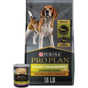 Purina Pro Plan Adult Weight Management Shredded Blend Chicken & Rice Formula Dry Food + Turkey & Rice Entree Morsels in Gravy Canned Dog Food