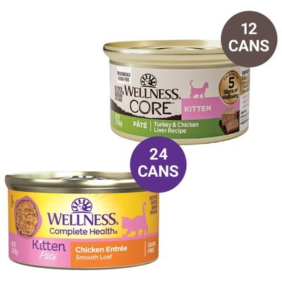 Wellness Complete Health Kitten Formula Grain-Free Canned Food + CORE Natural Grain-Free Turkey & Chicken Liver Pate Canned Kitten Food, slide 1 of 1